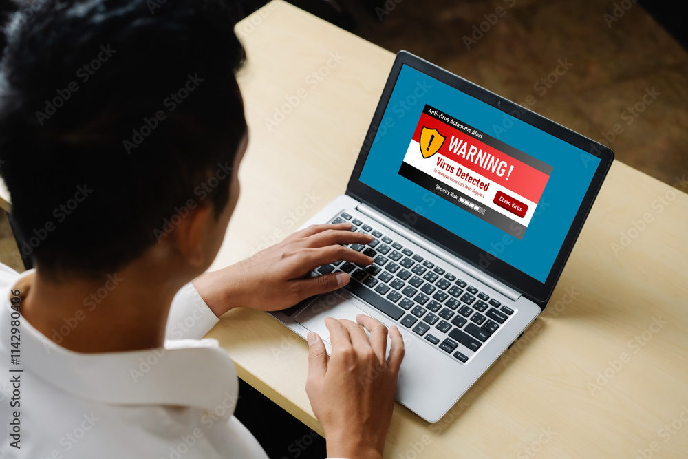 Poster virus warning alert on computer screen detected modish cyber threat , hacker, computer virus and mal