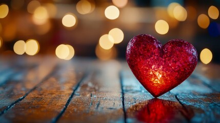 Fototapeta premium A glowing red valentine, valentine background, heart, background decoration on a wooden surface with blurred lights in the background.