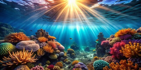 Naklejka premium Underwater Sunlight Reflection, Ocean Sunbeams, Deep Sea Light Rays, Aquatic Photo, Sunlit Underwater Scene, Marine Photography, Submerged Sunlight