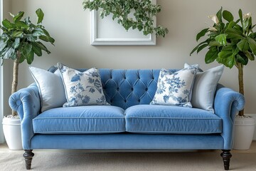 Elegant blue sofa with floral pillows and bright sunlight streaming through windows