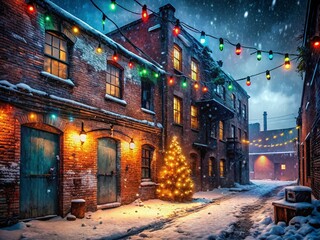 Obraz premium Urban Christmas Exploration: Dark City Holiday Background, Grungy Festive Wallpaper, Industrial Christmas Scene, Abandoned Building Winter Wonderland