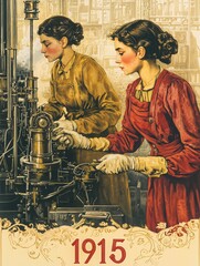 Two women attentively operate machinery in a factory, showcasing early 20th-century industrial work. They wear period-appropriate clothing and gloves, emphasizing their important roles in production.