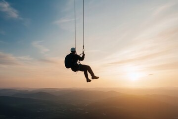 A lone climber swings high above rolling hills at sunset, embracing freedom and adventure in the skies.