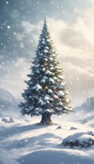Majestic snow-covered evergreen tree adorned with colorful lights stands in peaceful winter landscape.Gentle snowfall creates enchanting, festive atmosphere for holiday, nature, winter-themed project.