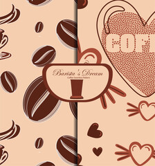 A seamless coffee pattern collection featuring intricate illustrations of cups, beans, leaves, and swirls, perfect for packaging,  coffee branding,  café decor, and digital designs.  