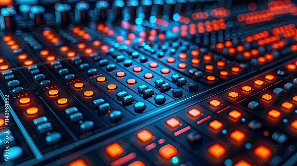 Poster a close-up view of a control panel with illuminated buttons, used for audio mixing.