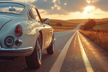 Classic car at sunset - scenic drive on open road with vintage vibes
