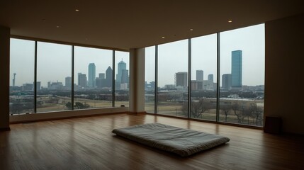 Minimalist room with city view, futon.