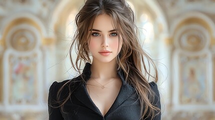 Fototapeta premium Timeless image of a white woman in a black wool long coat, standing gracefully in front of an ornate architectural background, with light textures and details highlighted beautifully, ultra-realistic,