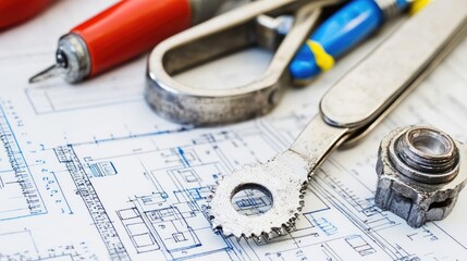 Fototapeta premium Architectural Blueprint with Tools: Creative Engineering and Design Process