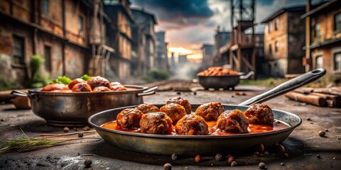 Urban Decay Meatball Feast: Grungy Industrial Setting, Roasted Meatballs in Rich Sauce