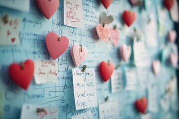 Heart-shaped notes with messages cover a wall of love and creativity, creating a colorful tapestry of connection and shared human experience.