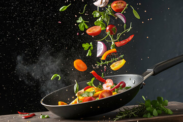 A vibrant display of fresh vegetables being tossed in a frying pan, capturing the essence of cooking and healthy eating.