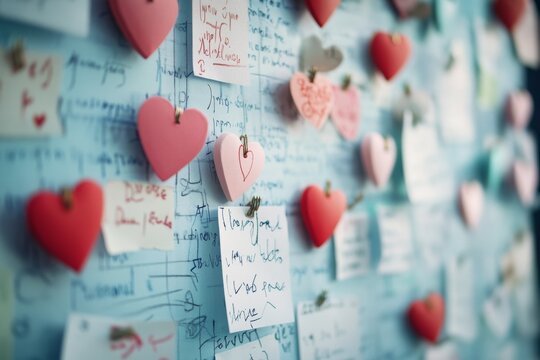 Heart-shaped notes with messages cover a wall of love and creativity, creating a colorful tapestry of connection and shared human experience.