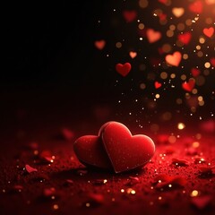 Obraz premium Composición artística con corazones rojos y partículas doradas en un fondo oscuro con luces bokeh, ideal para tarjetas y decoraciones románticas de san Valentín