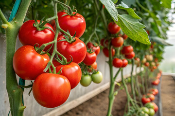 Vibrant red tomatoes grow on healthy green vines in a greenhouse, showcasing the beauty of fresh produce and agricultural cultivation.