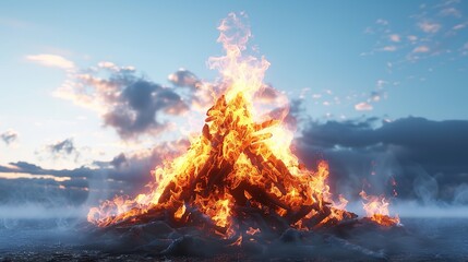Bonfire with glowing embers on solid white background, single object