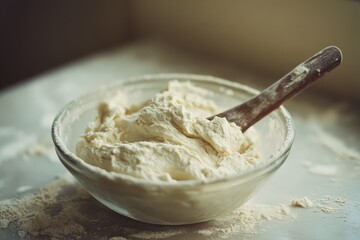 A bowl of creamy dough mix, capturing the inviting simplicity and art of making homemade culinary delights, with flour dusted around.