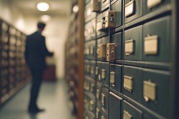 Obraz premium A dimly lit archive corridor lined with mysterious file cabinets, with a blurred figure in the background.