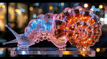 A colorful glass sculpture of a snail with intricate details and illuminated features.