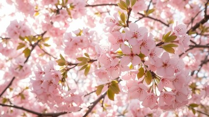 Obraz premium Pink cherry blossoms in full bloom, sunlight dappling through delicate petals, springtime, sunshine