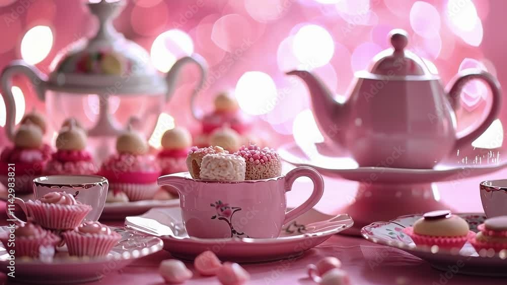 Poster hazy view of delicate teapots and cups surrounded by plates of sweets.