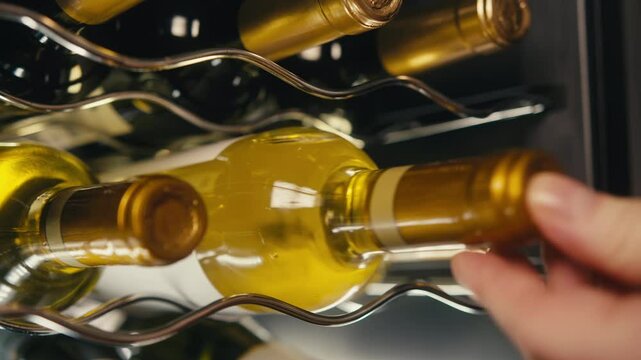 Storing bottles of wine in fridge, white and red wines in cooler. Alcoholic card in restaurant or at home storage, shop supermarket. Cooling and preserving wine and cava champagne..