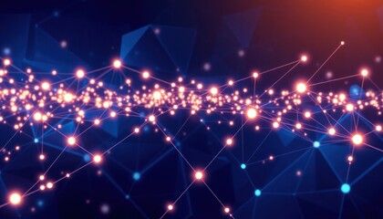 Abstract network pattern shows interconnected glowing dots, lines on dark blue background. Polygonal shapes create complex digital landscape. Futuristic tech concept illustration with bright light