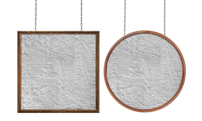 Wooden blank dirty sign hanging on iron chains. Set frame with textured painted surface. Signboard isolated on white