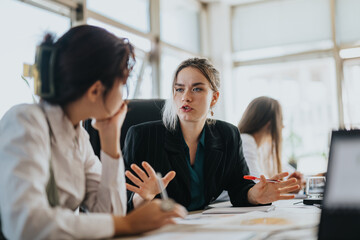 Multicultural business people engaging in a collaborative and focused meeting, sharing ideas and...