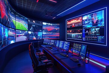 A modern control room showcases an array of screens displaying live events and data. The sleek design with vibrant blue lighting enhances the technological atmosphere.