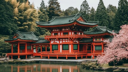 Naklejka premium Serene Garden Shrines Surrounded by Blooming Trees