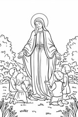 Fototapeta premium Virgin Mary, Jesus with Children at Garden. Coloring Pages Art
