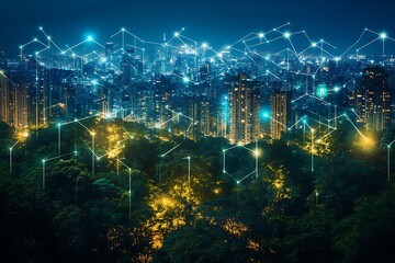 Obraz premium Night Cityscape with Nature: A Digital Metropolis