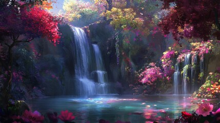 Serene Cascade into Vibrant Tropical Lake