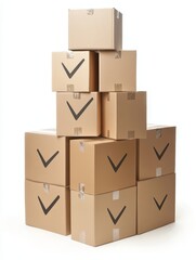 Obraz premium Stacked Cardboard Boxes with Checkmarks - Organized shipping, efficient logistics, secure delivery, product storage, supply chain management.