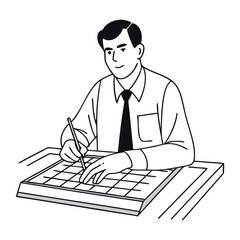 a black and white line drawing of a man sitting at a desk.
