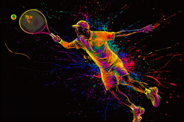 a bright silhouette of a tennis player in action on a black background. for postcards. For business. For banners.