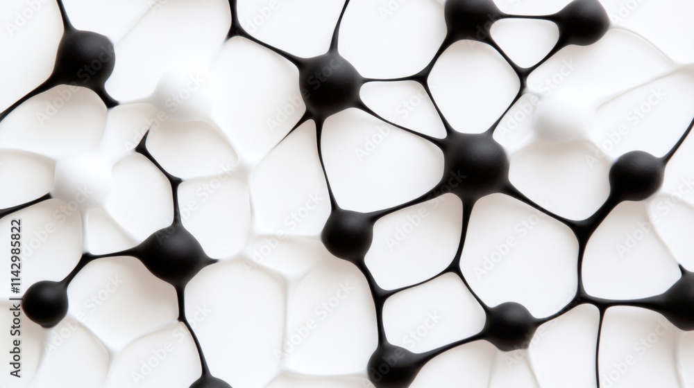 Poster network of interconnected black spheres and strands, resembling a complex neural network or a molecu