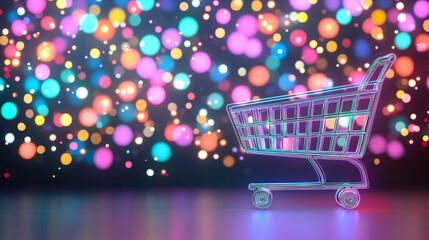 Shopping cart illuminated by colorful lights creates a festive atmosphere for holiday season
