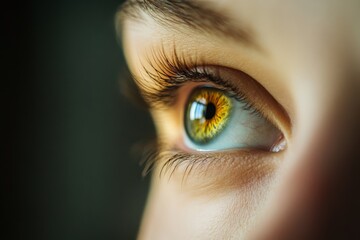 Fototapeta premium A vibrant close-up of a human eye, featuring intricate details of the iris in shades of green and gold, with soft light illuminating the scene.