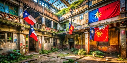 Fototapeta premium Urban Exploration Photography: China & Taiwan Flags, Abandoned Building, Graffiti Art, Street Photography