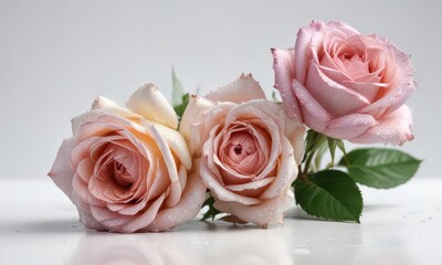 Three dewy roses, isolated on white background, isolated, macro, botanical