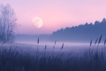 Fototapeta premium A tranquil moonlit landscape with purple hues enveloping serene waters and silhouetted trees, creating a mystical and dreamy atmosphere.