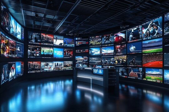 A modern media control room filled with numerous screens displaying various live sports events.