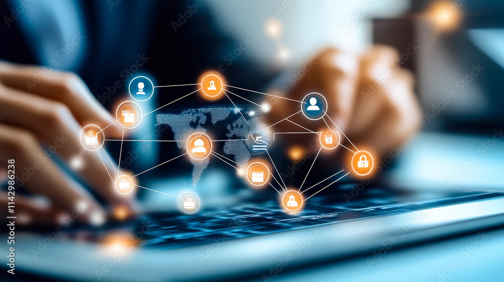 Poster Engaging in digital networking and data management using a laptop in a professional environment