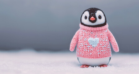 Knitted animal for Valentine day. A cute penguin wearing a pink sweater with a heart stands on snow, showcasing winter charm and adorable fashion.