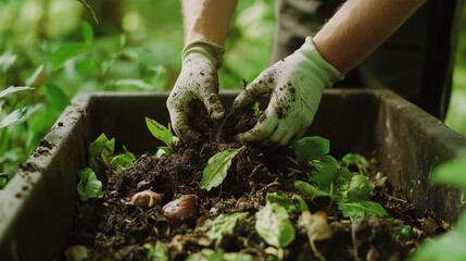 Fototapeta premium Hands Harvesting Fresh Vegetables and Working with Compost in a Lush Garden