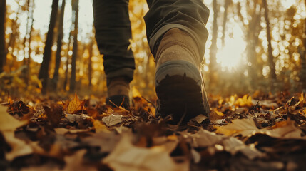 Obraz premium Close-Up of Boots Walking Through Autumn Leaves in a Sunlit Forest Path