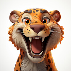 A cute, smiling jaguar on a white background